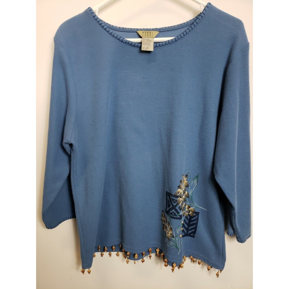 WOMENS Teddi 3/4 Sleeve Embroidered Size Lg beads blue